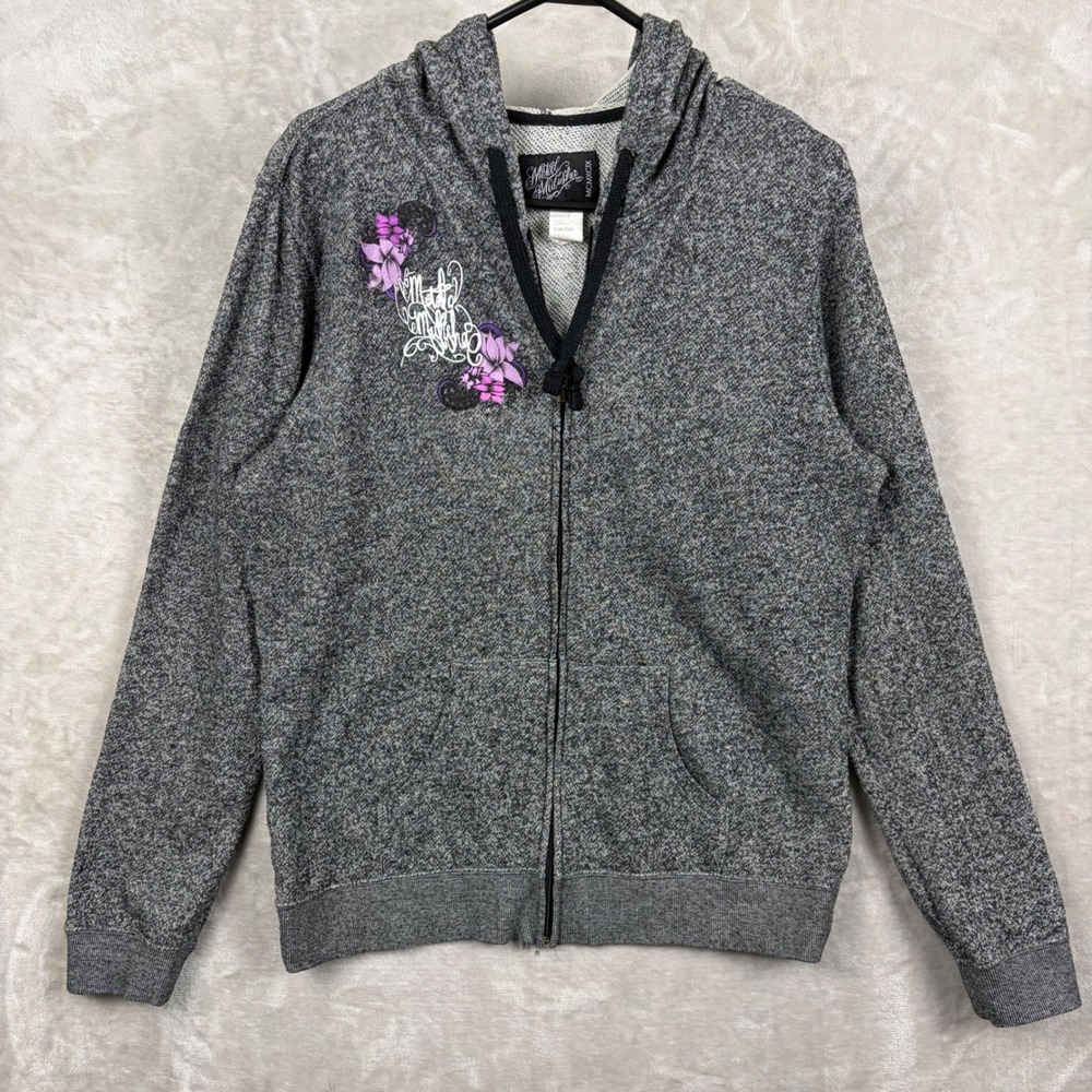 Metal Mulisha Womens XL Grey Marl Zip Up Hoodie Floral Graphic Grunge Alt